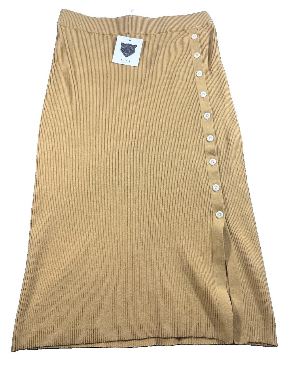 LITA by Ciana Iced Coffee Ribbed Knit Button Midi Skirt Size XL NWT $228